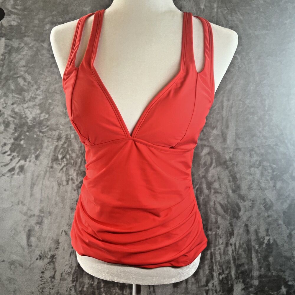 Cupshe Red Tankini Swim Top Womens Medium Ruched V Neck Strappy Swimsuit NWT